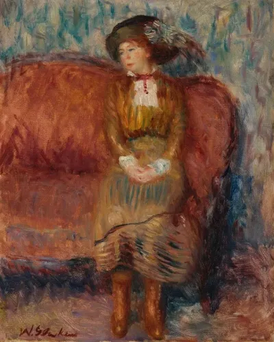 Woman Seated On Red Sofa