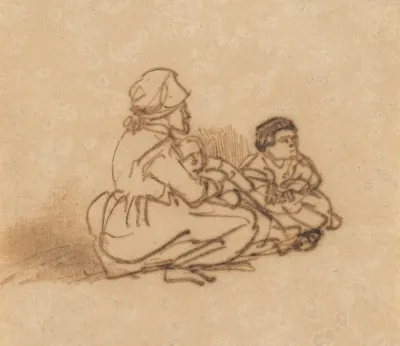 Woman Seated On The Ground With Two Children