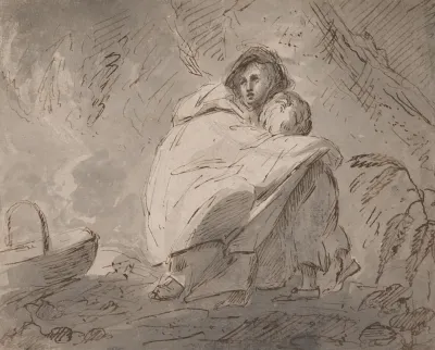 Woman Sheltering A Child In A Landscape