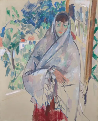 Woman Standing In Front Of The Window White Shawl