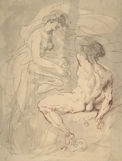 Woman Talking To A Seated Male Nude