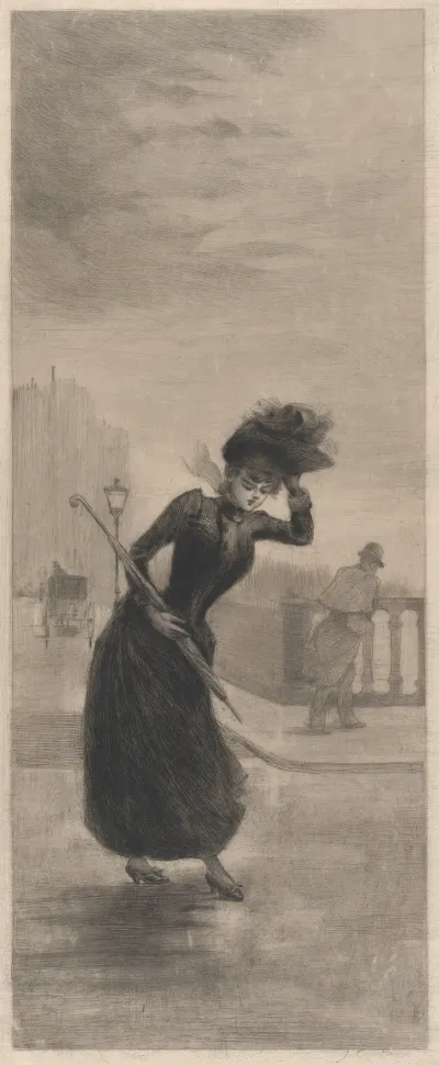 Woman Walking In The Wind Holding An Umbrella