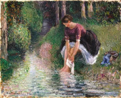 Woman Washing Her Feet In A Brook
