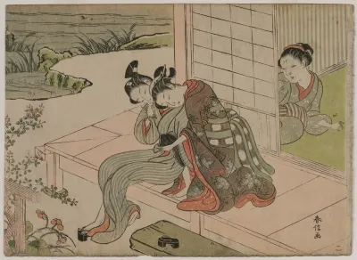 Woman Watching Young Couple Embrace On A Veranda