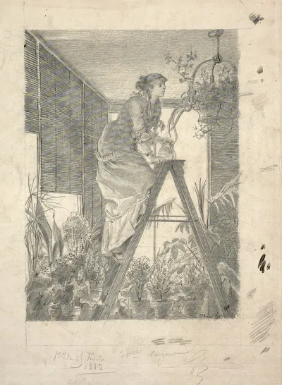 Woman Watering Flowers Hanging From A Lamp Chandelier