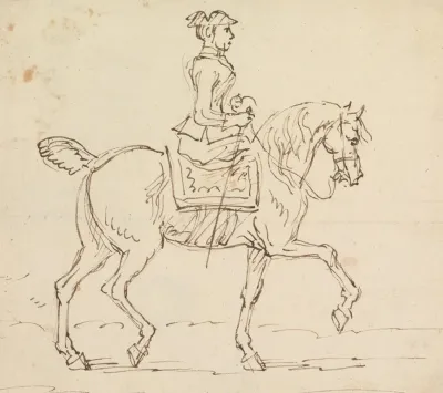 Woman Wearing A Tricorne Hat Riding To Right