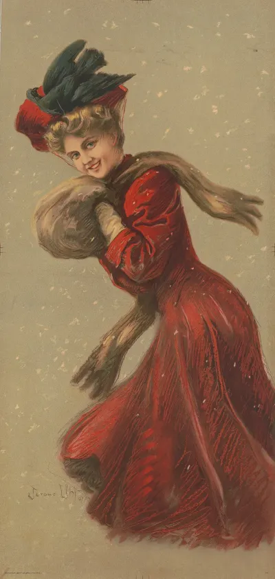 Woman Wearing Red Coat And Hat With Fur Muffler In The Snow 2