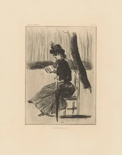 Woman With A Book And Umbrella On A Chair Outside