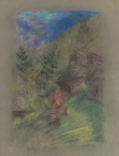 Woman With A Child In Front Of Cottages
