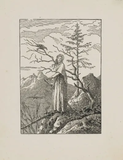 Woman With A Raven At A Precipice