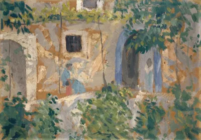 Woman With Child In Front Of A House