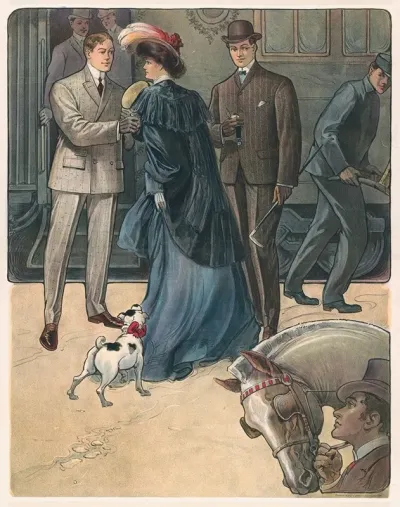 Woman With Dog And Two Men Watched By Man With Horse In Foreround