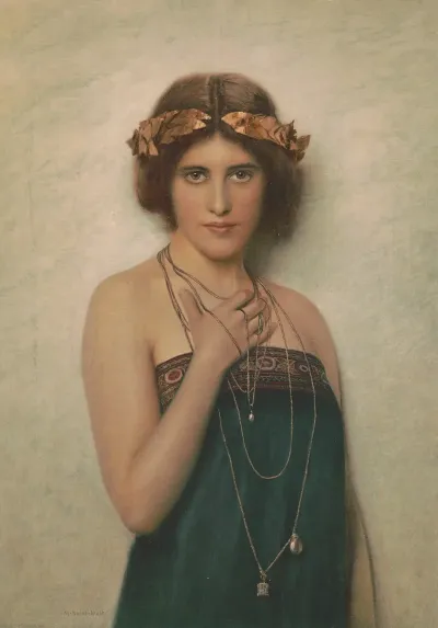 Woman With Green Dress And Silver Necklaces With Pendants