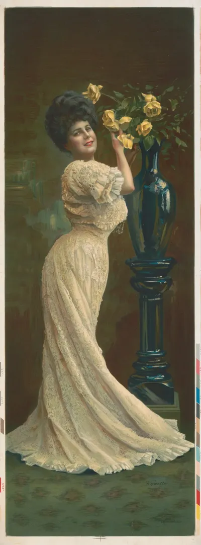 Woman With Lace Dress Arranging Yellow Roses In A Vase 2