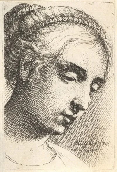 Woman With String Of Pearls In Her Hair Looking Downwards To Right