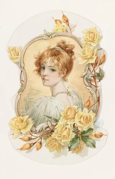 Womans Portrait Enframed With Yellow Roses