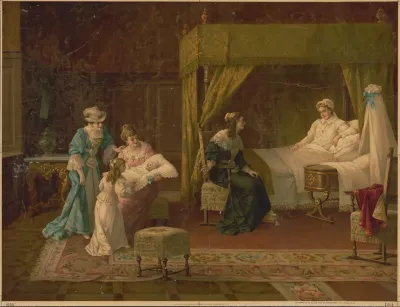 Women Admiring New Baby While Mother Rests In Bed