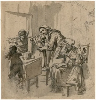 Women And Children Greeting A Man Outside Their Window