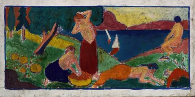 Women In Landscape With Blue Border
