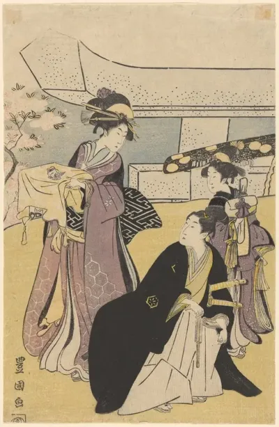 Women In Lavender Kimonos Man In Black Fan And Swords