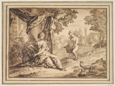 Women Seated Beneath Pillar With Putto