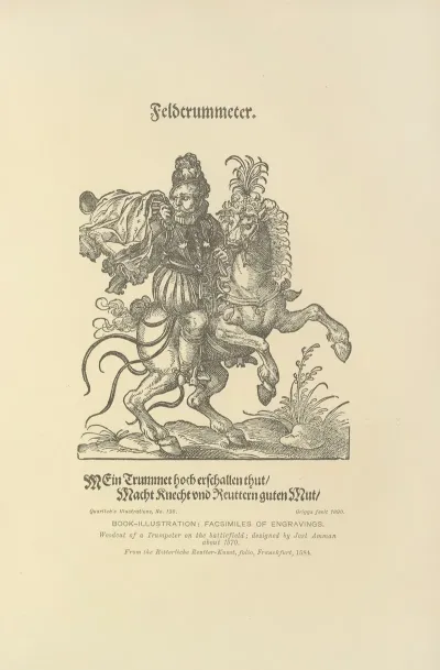 Woodcut Of A Trumpeter On The Battlefield Designed By Jost Amman