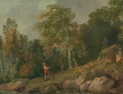 Wooded Landscape With A Boy And His Dog