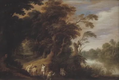 Wooded Landscape With Bathing Nymps