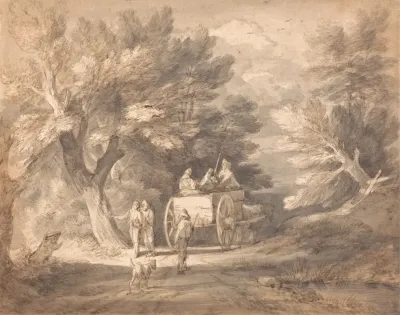 Wooded Landscape With Country Cart And Figures Walking Down A Lane