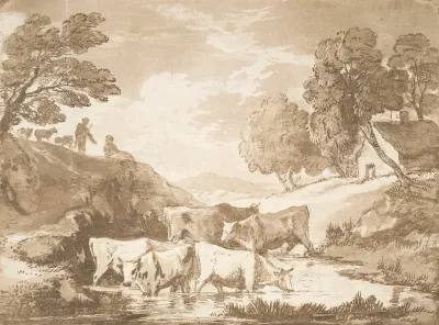 Wooded Landscape With Cows At A Watering Place Figures And Cottage