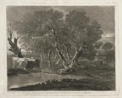 Wooded Landscape With Cows Beside A Pool Figures And Cottage