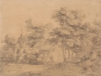 Wooded Landscape With Figures Donkeys And Cottage