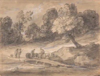 Wooded Landscape With Figures On Horseback Crossing A Bridge