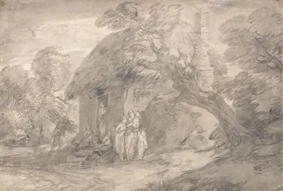 Wooded Landscape With Figures Outside A Cottage Door