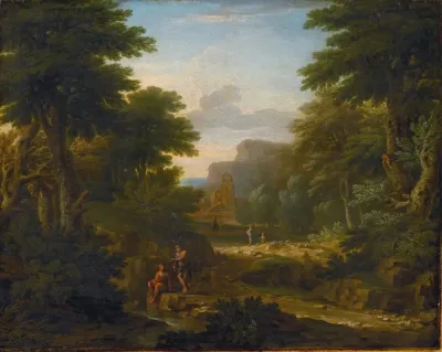 Wooded Landscape With Figures Resting By A Stream
