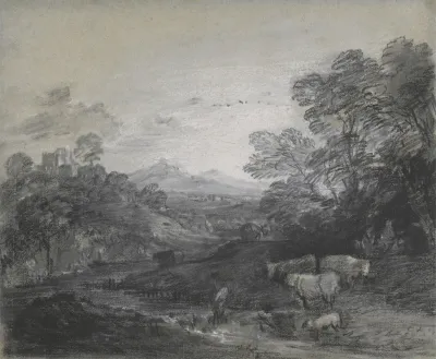 Wooded Landscape With Herdsmen And Cattle Buildings On A Hill And Rustic Lovers