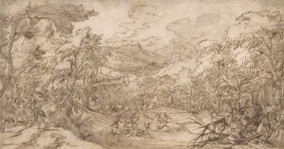 Wooded Landscape With Stag Hunt