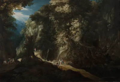 Wooded Mountain Landscape With Waterfall And Travellers