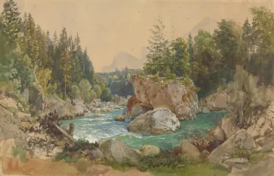 Wooded River Landscape In The Alps