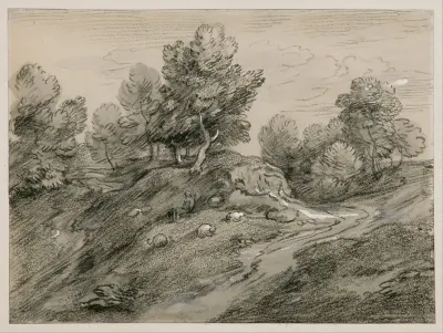 Wooded Upland Landscape With Shepherd And Sheep And Country Track Winding Around A Knoll