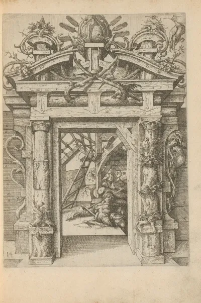 Wooden Portal With Pine Cones Birds And Branches And Inside Lies A Man