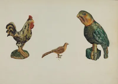 Wooden Rooster Pheasant And Parrot