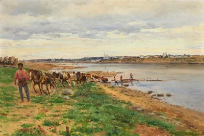 Woodworkers With Horses On The Banks Of The Volga