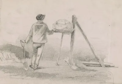 Worker Perhaps A Mason Or Hod Carrier Seen From Behind
