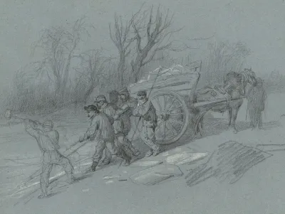 Workmen Gathering Ice At The Waters Edge