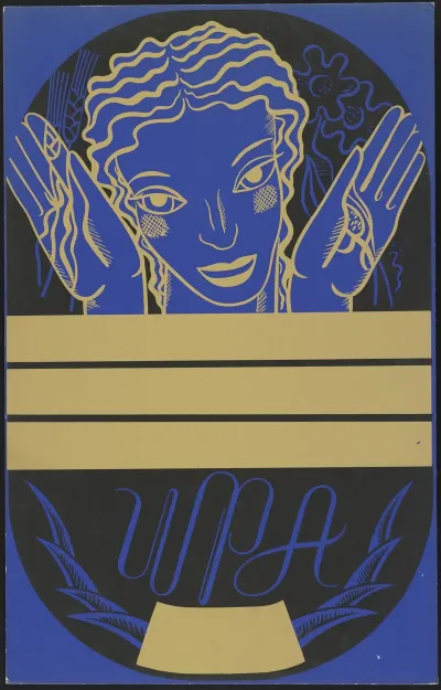 Wpa Poster Design Showing The Head And Hands Of A Woman Holding Flowers And Wheat 2