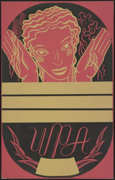 Wpa Poster Design Showing The Head And Hands Of A Woman Holding Flowers And Wheat