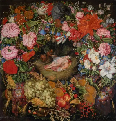 Wreath Of Flowers And Fruit With Centre Piece After Rubens