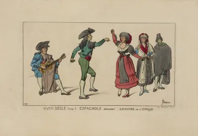 Xviii Siecle Fin Espagnols Dansant Gravure De Lepoque