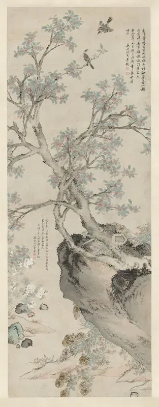 Yellow Chrysanthemums And Red Osmanthus In The Style Of Wang Yuan